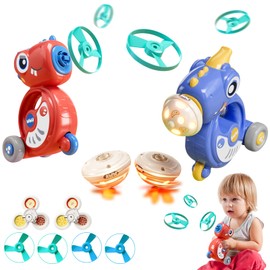 5-in-1 Multifunctional Flying Disc Launcher Toy Car,Light Up Spinning Tops & Gyroscope,Dinosaur Whistle Inertial Vehicle,Outdoor&Indoor Educational Toy,for Girls&Boys Age 3-12,2-Pack(Blue+RED)