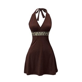 Milumia Women's Hippie Tie Backless Halter Dress V Neck Flared A Line Mini Dresses Chocolate Brown Small
