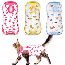 Nuanchu 3 Pieces Cat Recovery Suit Kitten Recovery Suit E-Collar Alternative for Cats and Dogs Abdominal Skin Anti Licking Pajama Clothes Sets(Strawberry Pattern,Large)