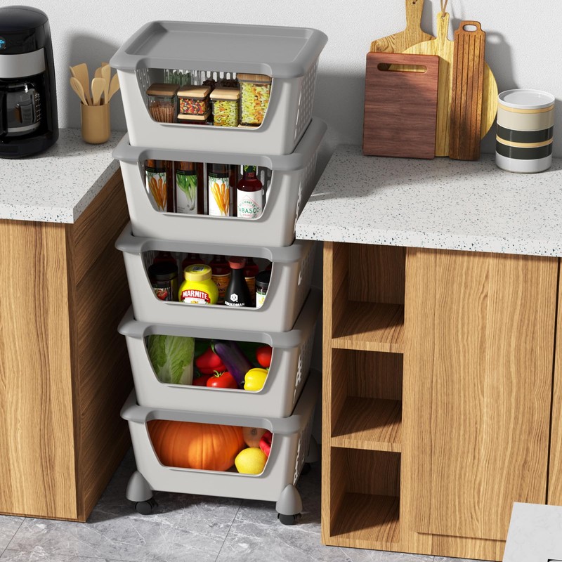 Ucake Plastic Stacking Basket with Wheels, Stackable Storage Basket Organizer,