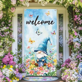 arricraft 1 Pc Polyester Flower Butterfly Gnome Pattern Door Covers, Welcome Theme Flower Backdrop Banner Decoration for Indoor Outdoor Porch Home Decor Accessories