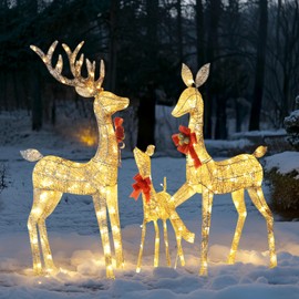 YONICA Light Up Outdoor Christmas Deer Decoration Set, 3-Piece Christmas Reindeer Family Set with 210 Warm White LED Lights for Outdoor Patio, Comes with Cables, Plugs, Gold & Red Ties