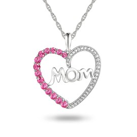 Heart Mom Pendant With Pink And White Sapphire In Sterling Silver 18"