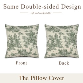 French Country Pillow Covers Green Toile Pillow Cases Vintage Victorian Pillow Cushion Covers 18x18 Set of 2 for Farmhouse Sofa Couch Living Room Bedroom Decor