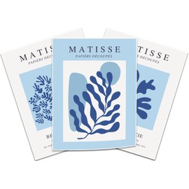 BingruiArt Blue Matisse Wall Art Canvas Boho Flower Set of 3 Minimalist Plant Leaves Painting Abstract Pictures Aesthetic Prints Home Decor for Living Room Bedroom Bathroom 12"x16" Unframed