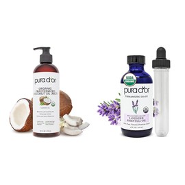 PURA D'OR PURA D'OR Organic 16 Oz Fractionated Coconut Oil & 4 Oz Lavender Essential Oil Bundle