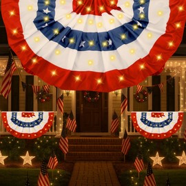 Unittype 4 Pack 2 x 4 ft American Pleated Fan Flags with LED Lights, Patriotic Half Fan Bunting Flags for Outdoor 250th Anniversary Lighted 4th of July Decoration with Grommet for Independence Day