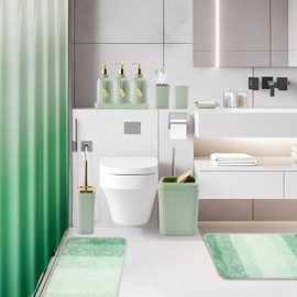 WSBArt 32PCS Bathroom Set Bathroom Sets with Shower Curtain and Rugs Green Bathroom Accessories,Shower Curtain Set,Bathroom Rug Set with Bathroom Trash Can