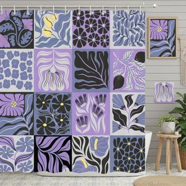 JAWO - Cortina de ducha retro clásico abstracto bohemio floral para decoración de baño, juego de cortinas de ducha con ganchos, diseño geométrico botánico y geométrico, diseño estético, 70 x 75