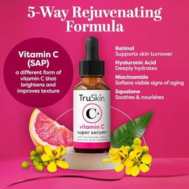 TruSkin Vitamin C-Plus Super Serum - Suero facial antiarrugas antienvejecimiento con niacinamida, retinol, ácido hialurónico y ácido salicílico, 1 onza líquida
