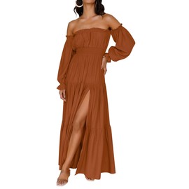 ZESICA Women's 2025 Boho Sexy Off Shoulder Long Sleeve Smocked High Waist Side Split Flowy A Line Tiered Long Maxi Dress,Caramel,Large