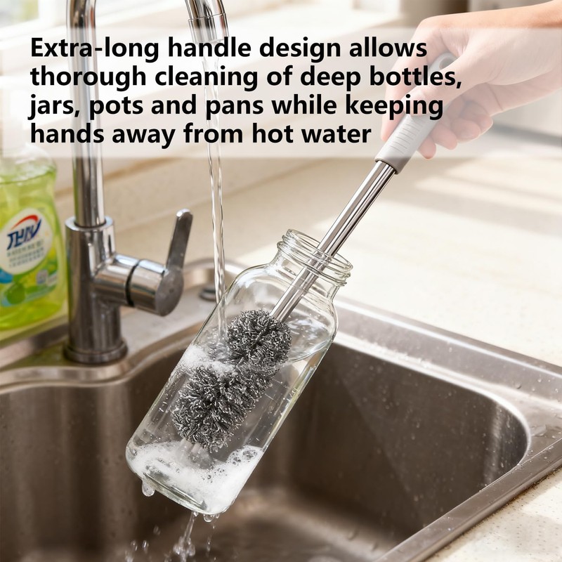 3-Pack Steel Wool Scrubber with Long Handle, Kitchen Dishwashing Pot