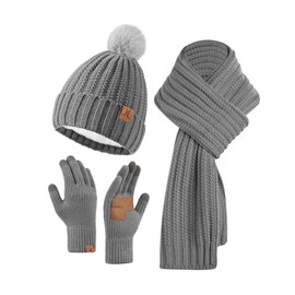 Valkgard Winter Hat And Scarf Gloves Set For Women, Womens Warm Knit Pom Thermal Hat Long Scarves Touchscreen Glove Set