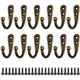 Antique Hooks, Set of 12, Stainless Steel, Wall Hanging, Coat Rack, Hat Hang, Clothes Rack, Screw, Wall, Entryway, Bathroom, Kitchen, Washroom, Western-style Room, Bedroom, Children's Room (Brown)