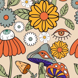 Abyssaly Mushroom Wallpaper Peel and Stick Boho, Colorful Forest Floral Removable Contact Paper, Vinyl Self Adhesive Wall Paper Light Colour for Bedroom Bathroom Home Decor 17.3in x 118in