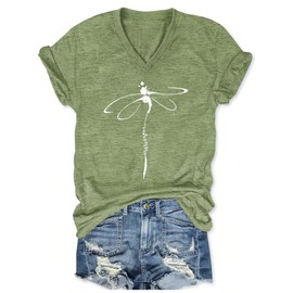 Women's V-Neck T-Shirts Funny Cute Dragonfly Graphic Tees Casual Summer Tops Animal Printed Short Sleeve T Shirts (Green1, L)