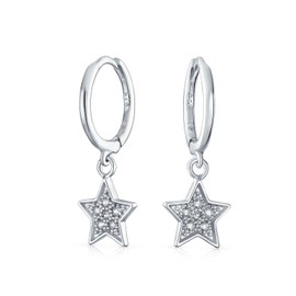 Bling Jewelry .925 Silver CZ Dangling Star Small Hoop Earrings