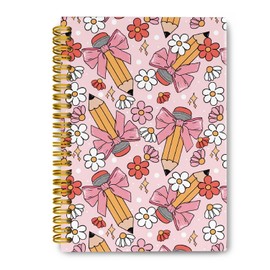 JKMBN Teacher Gifts Pink Bow Pencil Journaling Notebooks, Coquette Preppy Floral Spiral Notebook, Best Teacher Gifts for Women, Pink Office Supplies, Hardcover Spiral Lined Notebook 5.5 x 8.3