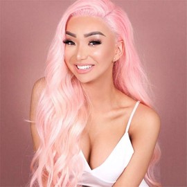 Karissa Hair Pastel Pink Lace Front Wigs for Women Soft Pink Long Wavy Synthetic Lace Wig with Baby Hairs Glueless Heat Resistant Fiber for Cosplay Makeup 24inches