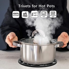 Trivets for Hot Dishes, Silicone Trivets for Hot Pots and Pans, Non Slip Heat Resistant Hot Pads for Kitchen, Pot Holders, Teapot Coaster (Black)