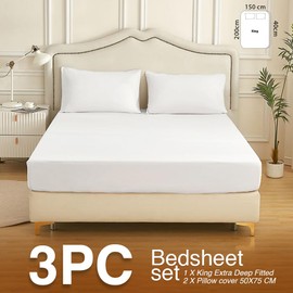 Cottonople 3 Piece Extra Deep Pocket King Fitted Sheet - Ultra Soft Polycotton White Breathable Bed Sheet (150x200+40cm) with 2 Pillowcases(50x75) - Hypoallergenic Fade Resistant Bedding