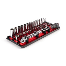 TEKTON 1/4 Inch Drive 6-Point Socket and Ratchet Set with Rails and Tray, 35-Piece (4-15 mm) | SKT03201