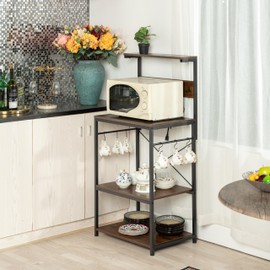 Homy Casa 4-Tier Kitchen Bakers Rack with Power Outlet, Microwave Stand with 6 S-Shaped Hooks, Kitchen Storage Shelf Rack Coffee Bar Table for Kitchen Dining Living Room, Rustic Brown