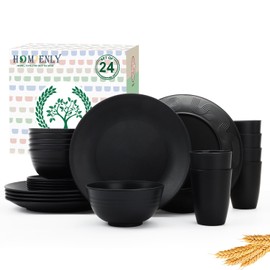 Homienly 24-Piece Wheat Straw Dinnerware Sets,Service for 6 - Cups, Plates and Bowls Sets,Reusable Dishwasher and Microwave Safe Melamine Dinnerware Set for Home,Camping,RVs - Black