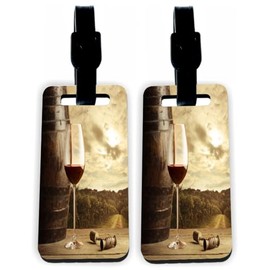 Red Wine Glass Vineyard with Vintage Barrel - Hardboard Luggage Identifier Tags with Straps (x2)