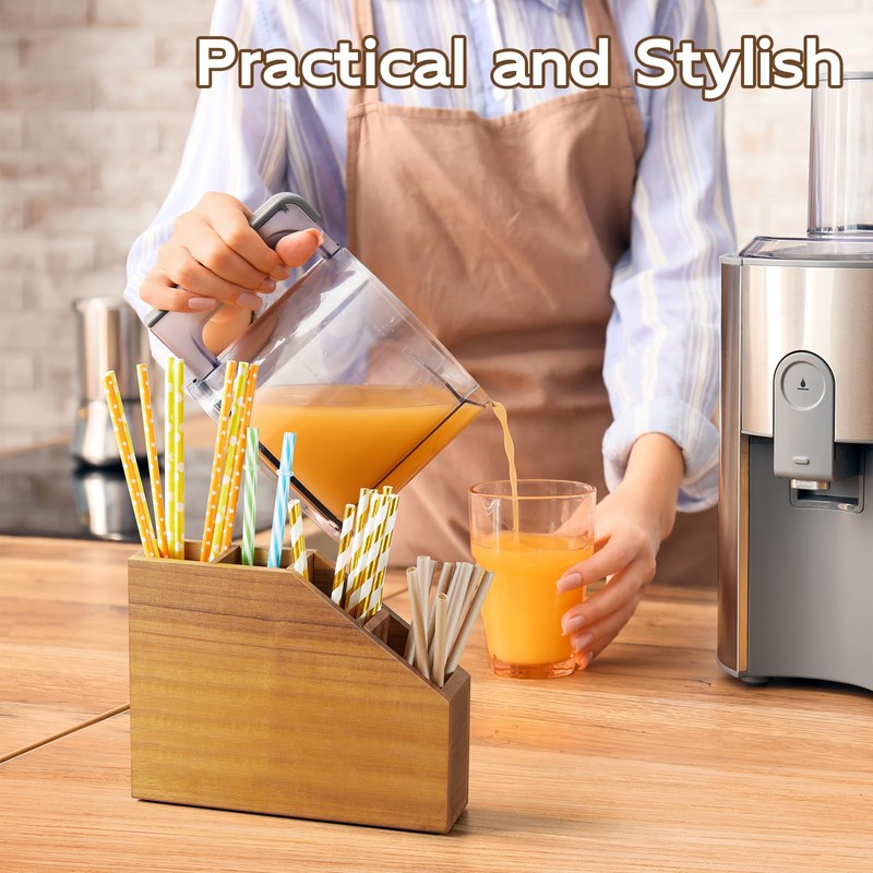 BWODYAY Straw Holder, Acacia Wood Straws Organizer, Cupboard Reusable Straws
