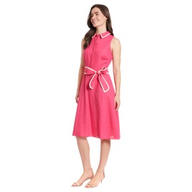 London Times Women's Linen Blend Polished Preppy Classic Belted Shirt Dress, Beetroot Purple/Sugar Swizzle