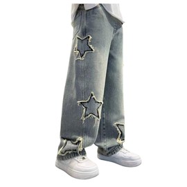 SHENHE Boy's Star Baggy Jeans Teen Boys Straight Wide Leg Denim Pants with Pockets Light Wash 8-9Y
