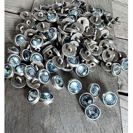Pack of 10 Small Mini Metal Buttons Silver Matt with Coloured Rhinestones in Light Blue, Blue, Rose, Purple or Light Green 10 mm (Light Blue)