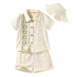HIHA Toddler Boys Embroidered Outfit Mexican Guayabera Cinco De Mayo Clothes Traditional Floral Shirts Short Set With Hat Beige 2-3T