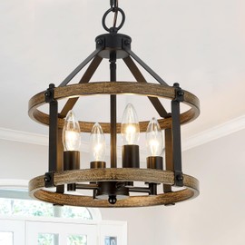 4-Light Farmhouse Chandelier, 13.5 Inch Rustic Black and Vintage Wood Finish Chandeliers for Dining Room Light Fixture, Adjustable Height Hanging Light for Kitchen Island, Entryway, Indoor