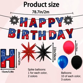 Spider Theme Birthday Decorations for Boys – Web Adventure Party Set with Happy Birthday Banner, Cityscape Backdrop, 2 Star Foil Balloons, 30 Red Blue Black Latex Balloons – Kids Action Party Supplies