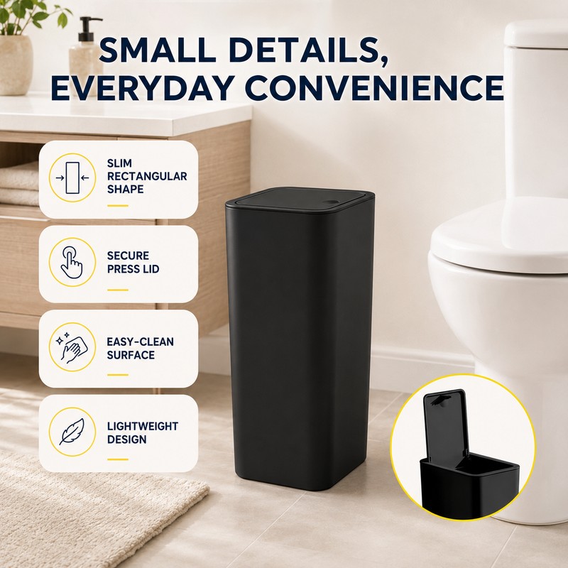 10L Slim Bathroom Trash Can with Press Top Lid, Black