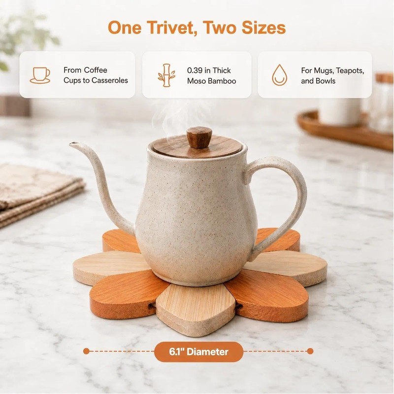 5-Piece Bamboo Trivets for Hot Dishes, Expandable Sunflower Hot Pads