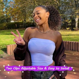 rosmile Short Kinky Curly Ponytail Extension for Black Women, 10 Inch Ombre Natural Black To Brown Drawstring Curly Ponytail with Two Clips, Synthetic Afro Drawstring Ponytail for Black Women