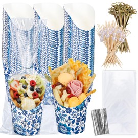 FYSUIMU 50Pcs Blue Floral Charcuterie Cups with 200 Cocktail Picks Bags Twist Ties 14Oz Flower Disposable Paper Appetizer Cup French Fry Holder for Wedding Baby Bridal Shower