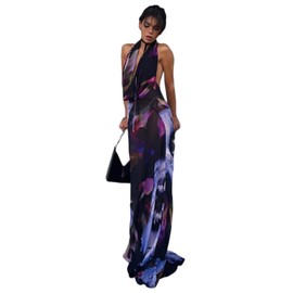 Women's Sexy Purple Print Backless Maxi Dress Elegant Sleeveless Draped Cowl Neck Bodycon Summer Beach Cocktail Party Dress