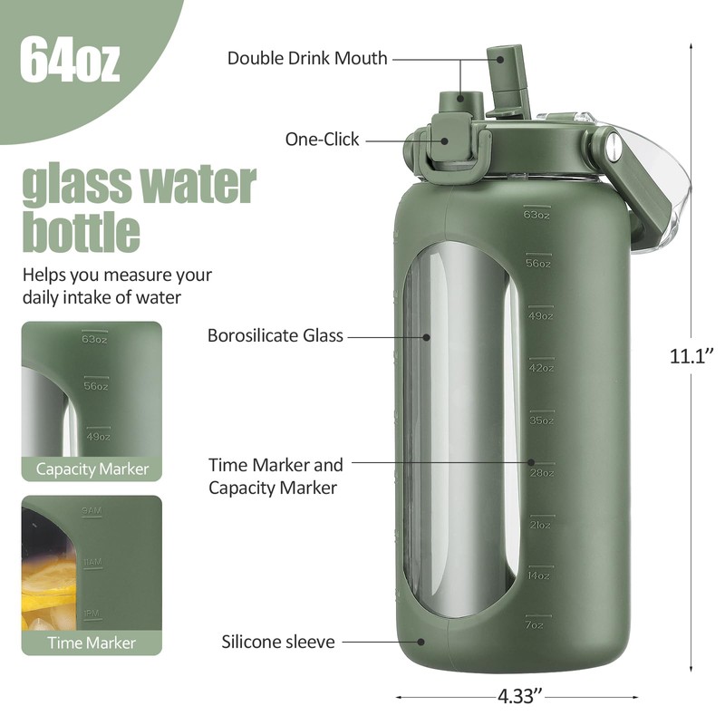 BLUEGO 64oz Glass Water Bottle with Handle and Straw, Motivational
