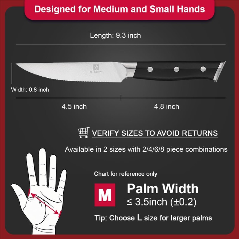 Medium Steak Knives Set of 2, 4.5 Inch High-Carbon Stainless