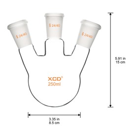 XCD Glass Round Bottom Flask, Heavy Wall Borosilicate Glass Lab Flask 3 Neck Round Bottom Flask RBF with 24/40 Center and Side Standard Taper Outer Joint, 250 ml
