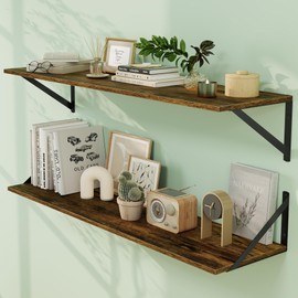 Fun Memories Deep Floating Shelves for Wall, 36W x 8D Wall Mounted Shelves Set of 2, Wide Display Ledge Shelf with Sturdy Metal Brackets for Living Room, Bathroom, Bedroom and Kitchen, Rustic Brown
