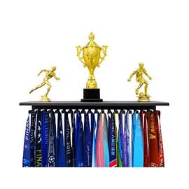 Medal Display Hangers with 16" Trophy Shelves Organize Medals, Awards, Ribbons & Trophies. Perfect All-in-one Wall shelf with 20 Pcs Hooks. Metal Sporting Gifts for Runners Marathon Triathlon Football