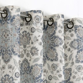 Blue Botanical Curtain Panel Linen Blended Vintage Medallion Floral Print Grommet Top Light Filtering Window Drapes 95 Inches Long for Bedroom/Living Room, Navy/Blue, 54"x95", 2 Panel