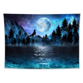 LB Small Blue Moon Over Ocean Tapestry Galaxy Wolf on Mountain Wall Tapestry 3D Fantasy Watercolor Forest Wall Art for Bedroom Living Room Dorm Home Decor, 59 x 51 Inches
