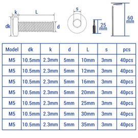 KGGZKG Pack of 40 M5 Flat Head Screws M5 x 16 mm 304 Stainless Steel A2 V2A Hexagon Socket Full Thread Rounded Head Screws with Allen Key Thread Screws for Assembly Maintenance