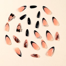 EYZOTSF Press on Almond Nails Medium Length Glossy Full Cover Acrylic French Almond Shaped False Nails with Designs Artificial Fake Nail with Charms Glue Stick ons Fingernails for Women Girls(A80106)